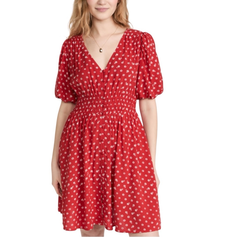 Madewell Red Floral Puff-Sleeve Midi Dress - Size M